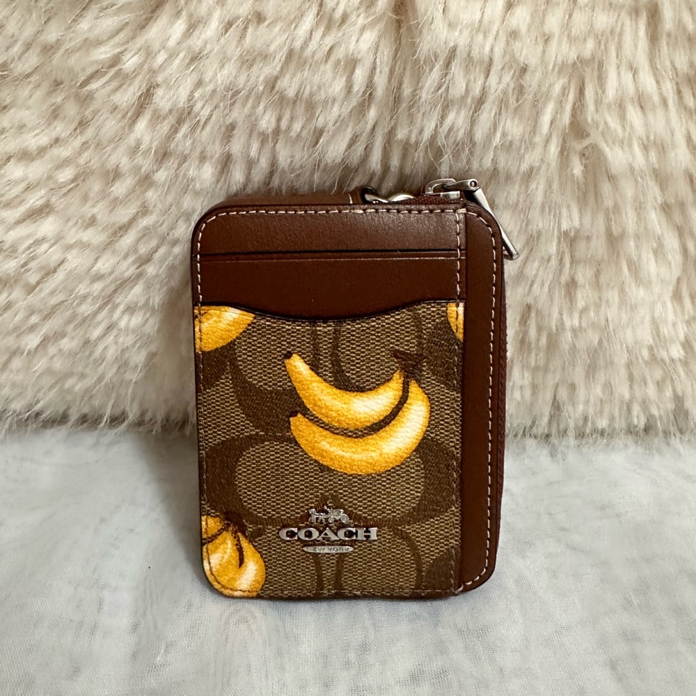 Coach zip card case with banana print